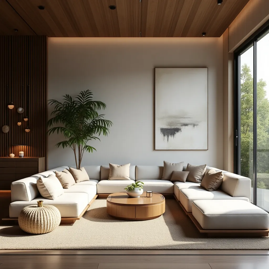 Modern brown and white living room featuring a spacious L-shaped sofa with plush cushions, a round wooden coffee table, and a large abstract painting. The room is accented with a tall indoor plant and natural light streaming through floor-to-ceiling windows, creating a warm and inviting atmosphere.