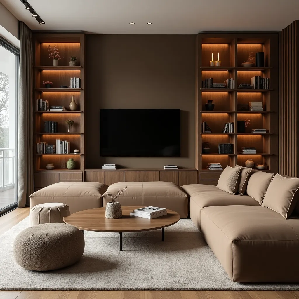 Modern brown living room decor ideas featuring a cozy sectional sofa, elegant built-in bookshelves with warm lighting, and a stylish round coffee table on a plush area rug, creating a sophisticated and inviting atmosphere.