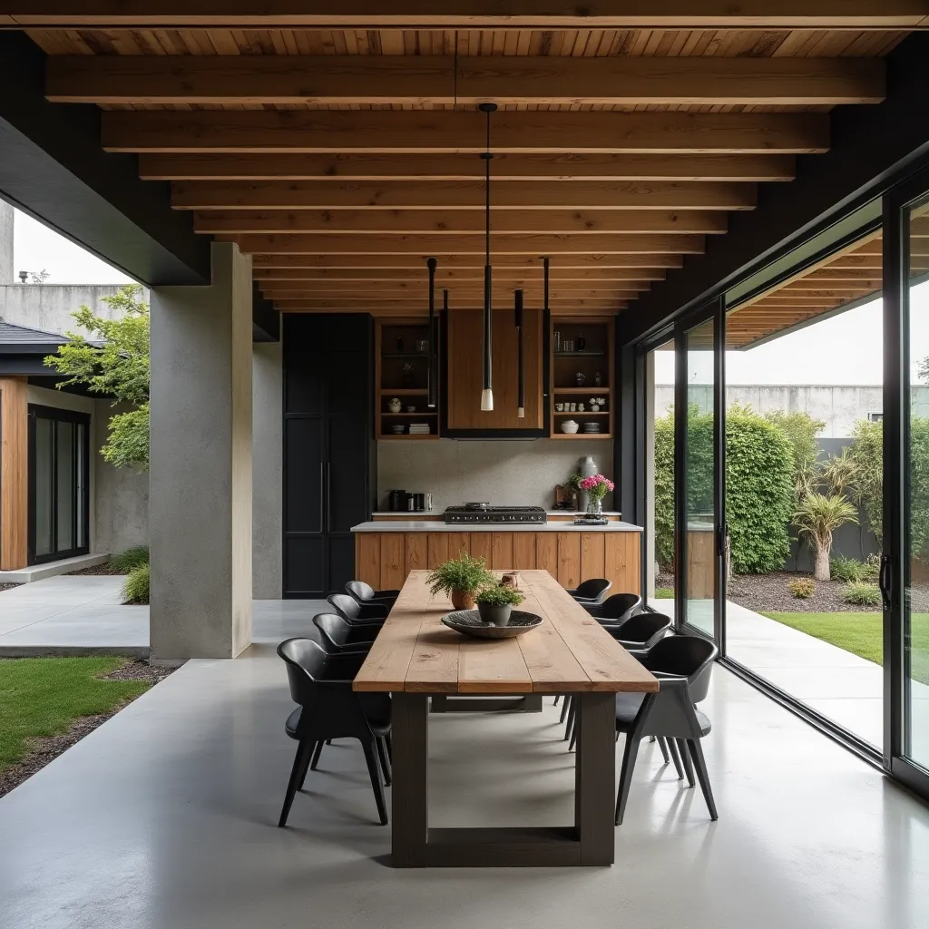 Modern industrial chic exteriors ideas featuring an open-concept dining area with a wooden table and black chairs, complemented by exposed beams and large glass doors that blend indoor and outdoor spaces seamlessly.