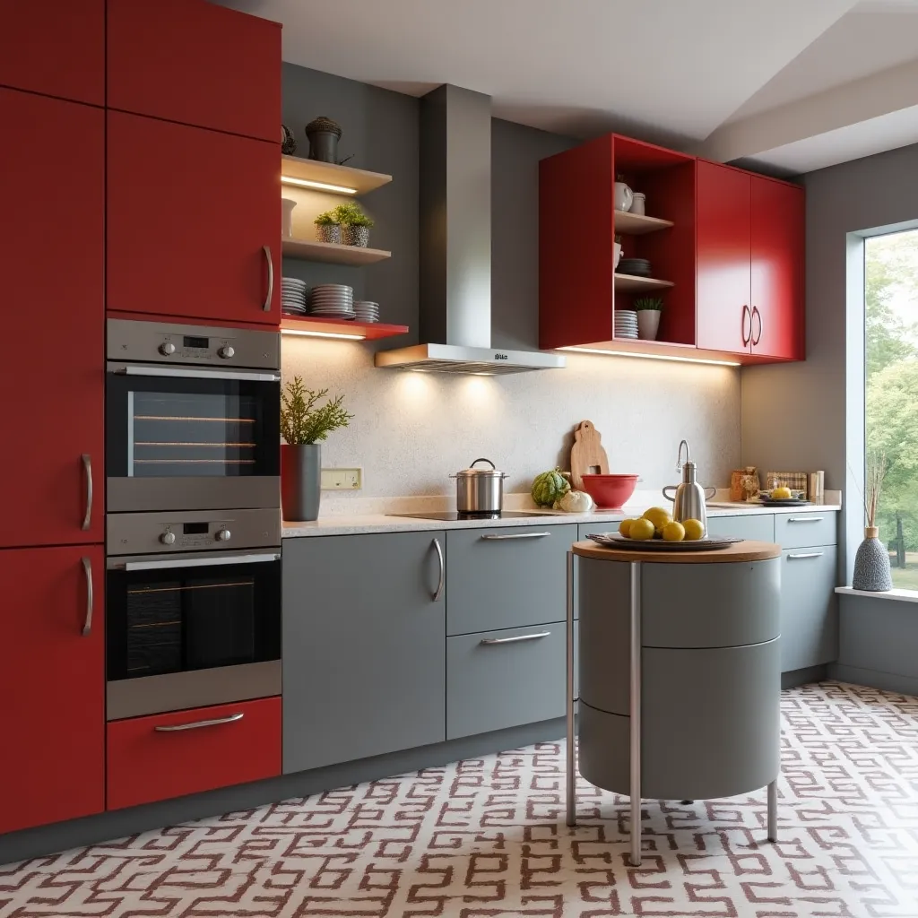 Modern kitchen featuring stylish red and grey cabinets, showcasing innovative design ideas for a contemporary cooking space. The combination of bold red and sleek grey cabinetry creates a striking contrast, perfect for those seeking red and grey kitchen cabinets ideas.