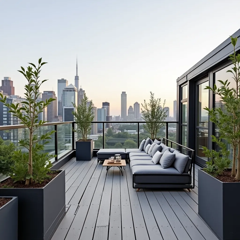 Modern rooftop terrace showcasing zero-waste decking ideas with sustainable materials, featuring sleek outdoor furniture and lush potted plants against a city skyline backdrop.