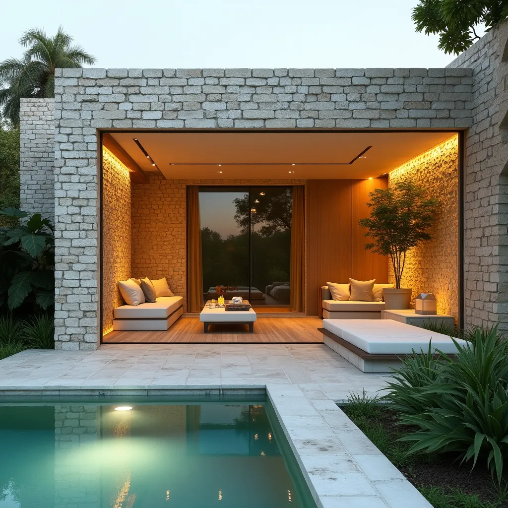 Modern outdoor living space featuring a sleek pool and a cozy seating area, showcasing innovative solar mosaic facades ideas with natural stone textures and ambient lighting for a sustainable and stylish home design.