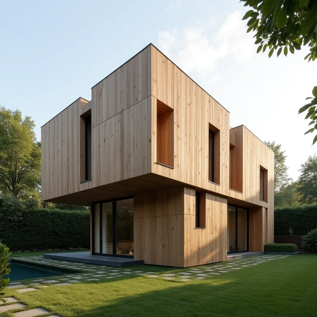 Modern architectural home featuring kinetic facade elements exterior ideas, showcasing a sleek wooden design with large windows and a lush green lawn, perfect for innovative and sustainable living.