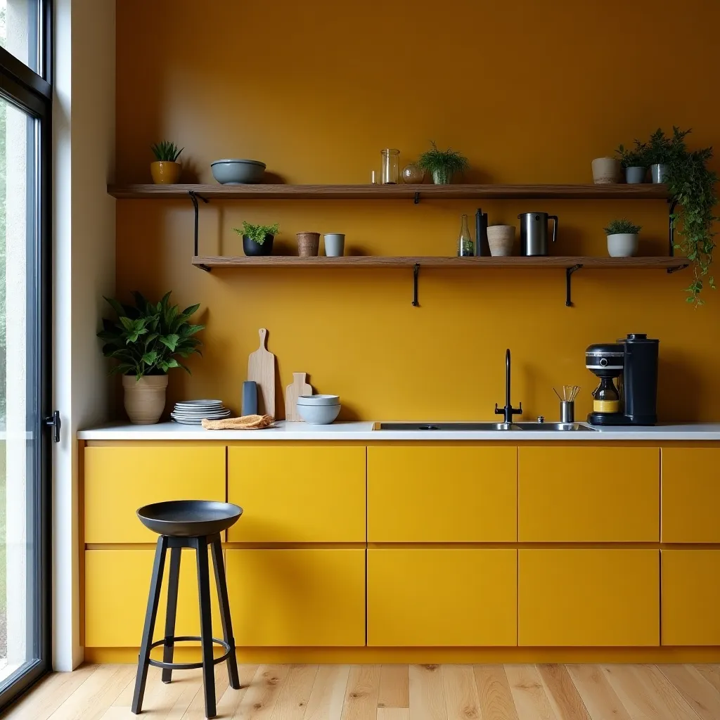 Modern mustard kitchen with sleek cabinetry, open wooden shelves, and minimalist decor, featuring a black stool and potted plants for a vibrant and stylish cooking space.