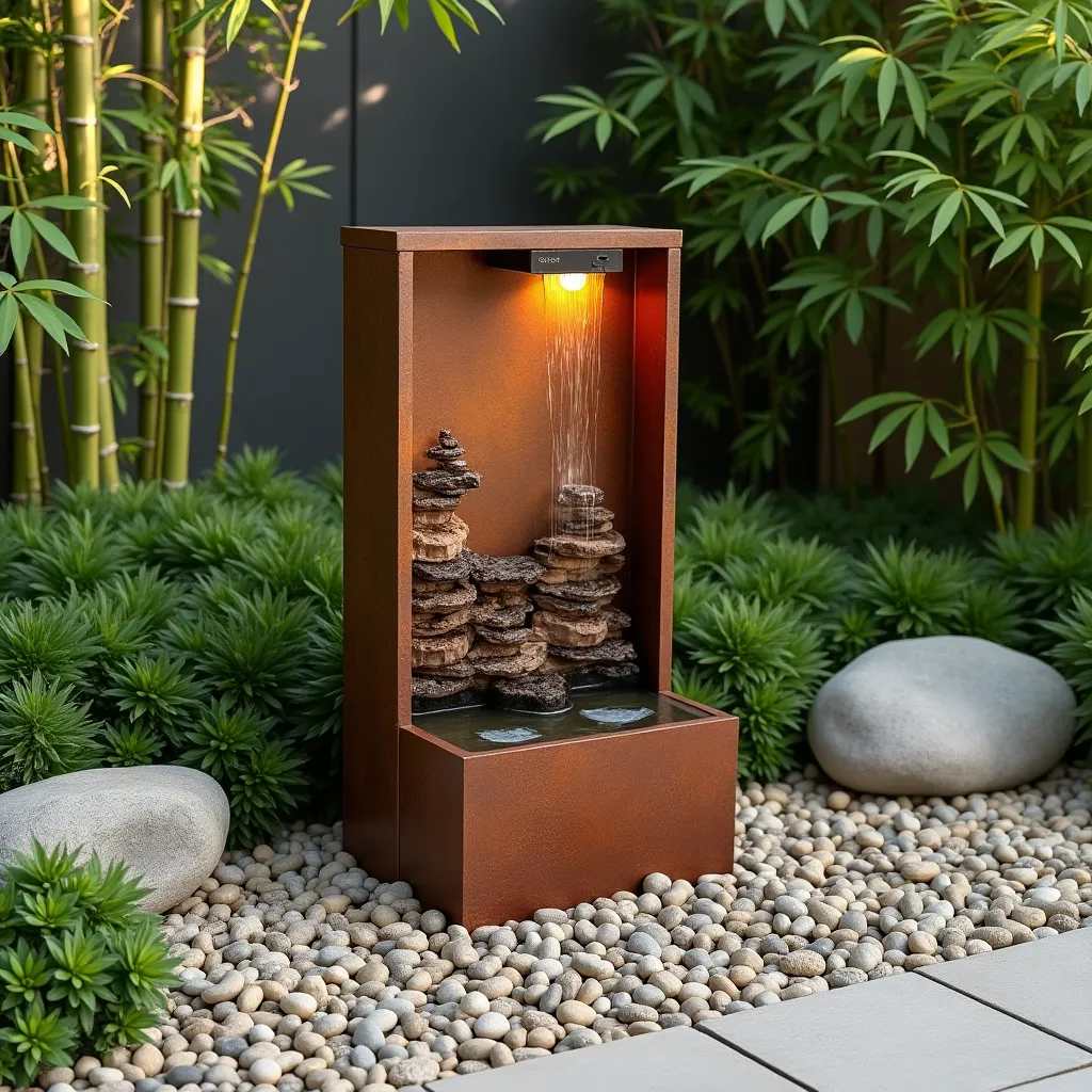 Modern garden design featuring a corten steel water fountain surrounded by lush greenery and smooth pebbles, showcasing innovative corten steel accents exterior ideas for a stylish outdoor space.