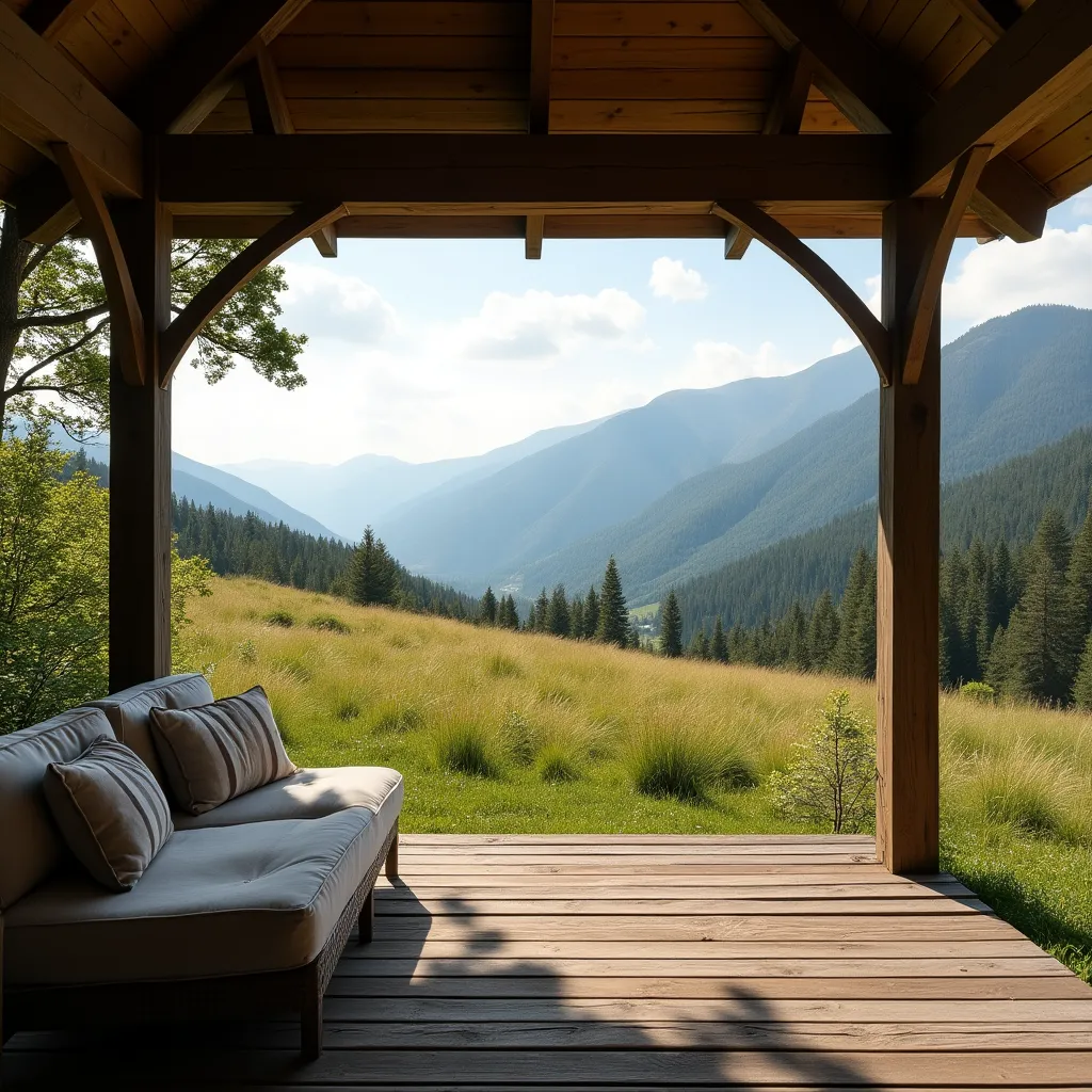 Cozy mountain style exterior with a wooden deck overlooking a serene landscape of rolling hills and lush greenery, perfect for outdoor relaxation and inspiration for mountain style exterior ideas.