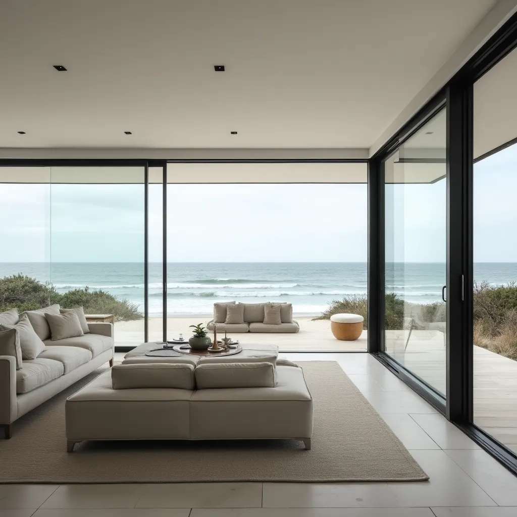 Spacious modern beach house living room with large glass doors offering a stunning ocean view, featuring minimalist furniture and neutral tones, perfect for modern beach house ideas.