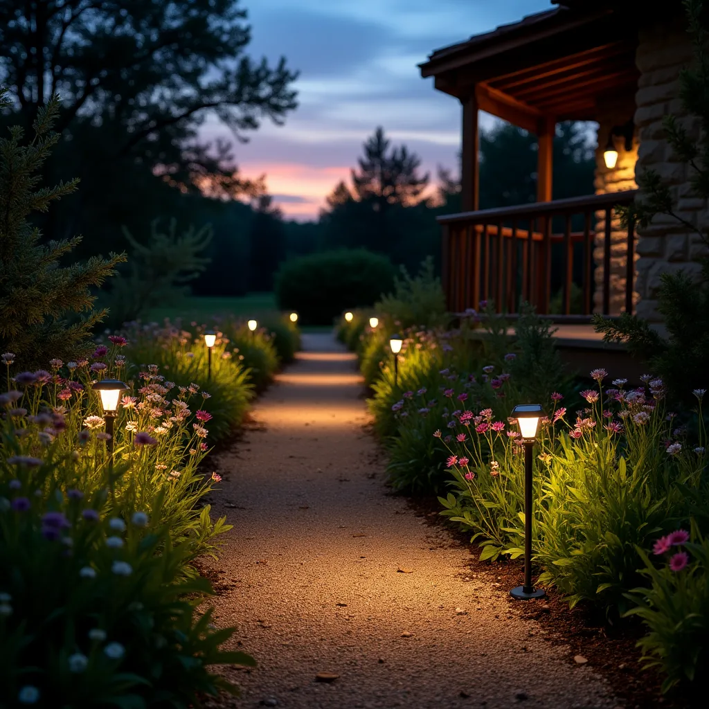 A beautifully illuminated garden pathway at dusk, showcasing creative lighting pathways with solar lights ideas, surrounded by lush greenery and vibrant flowers leading to a cozy porch.