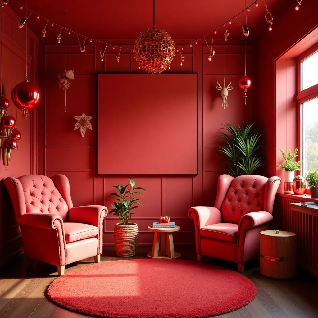 Cozy red family room featuring plush armchairs, vibrant wall decor, and lush green plants, offering stylish and inviting red family rooms ideas for a warm and welcoming home atmosphere.