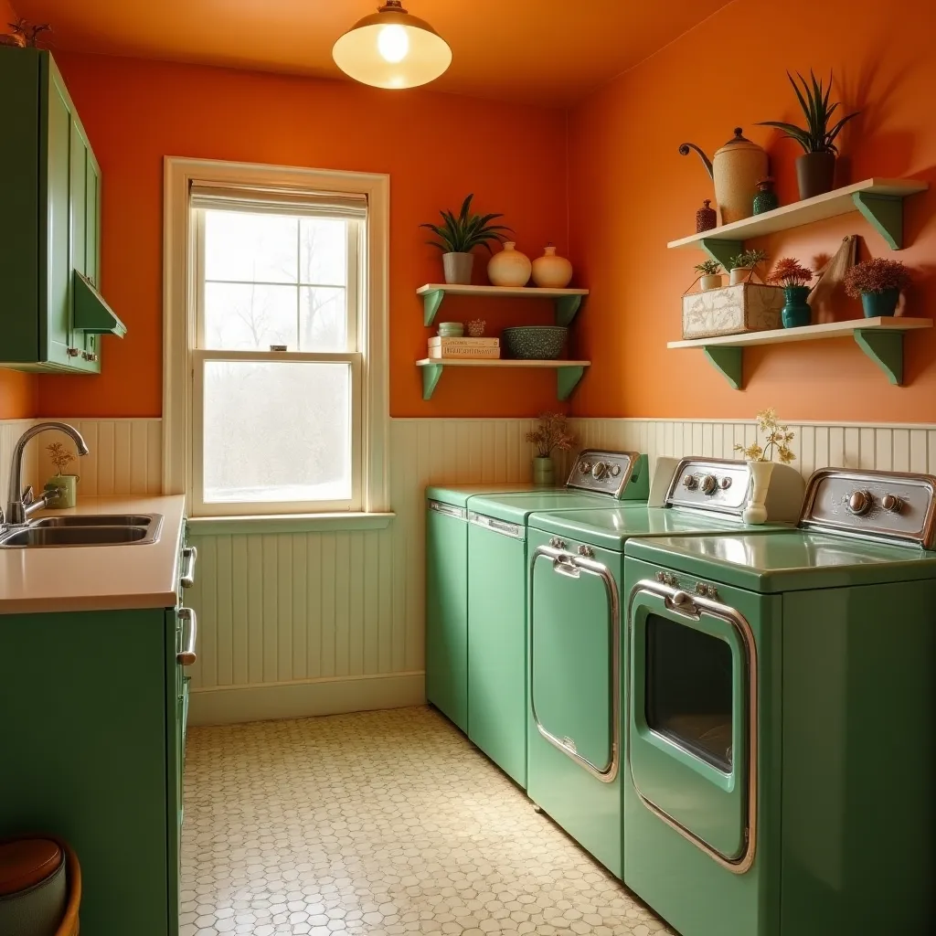 Bright and stylish laundry room featuring orange and green room decor ideas, with vibrant orange walls and retro green appliances, complemented by green shelving and decorative plants for a fresh, inviting atmosphere.