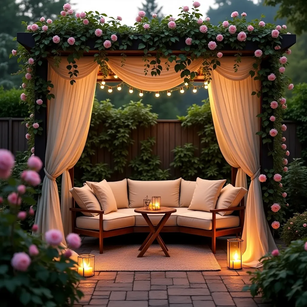 Cozy outdoor lounge nook with pergola ideas featuring a beautifully draped pergola adorned with pink roses, ambient string lights, and a comfortable seating area perfect for relaxation and entertaining in a garden setting.