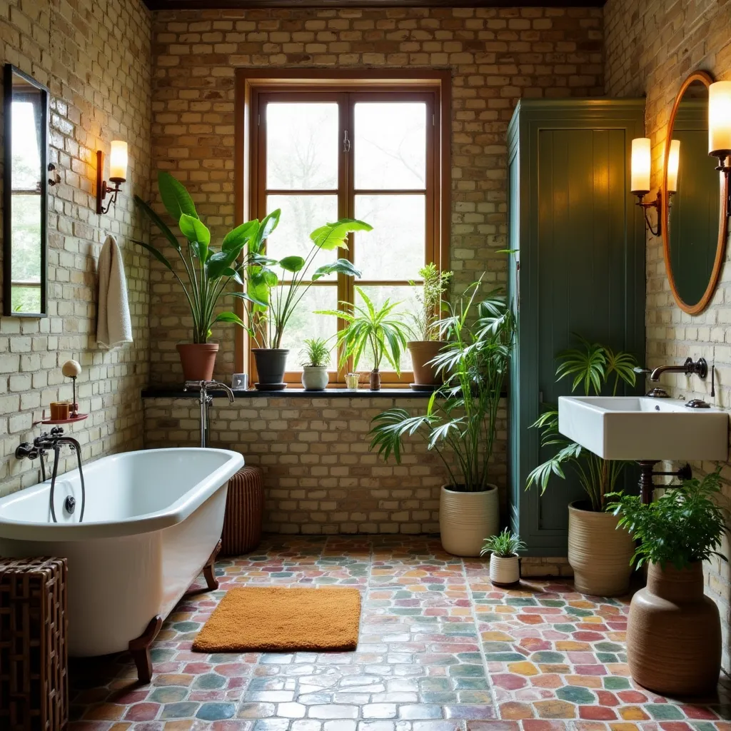 A stylish bathroom featuring vibrant, multicolored tiles that add a unique touch to the space, complemented by lush green plants and a classic freestanding bathtub, offering inspiring bathroom tile ideas for a modern and natural aesthetic.