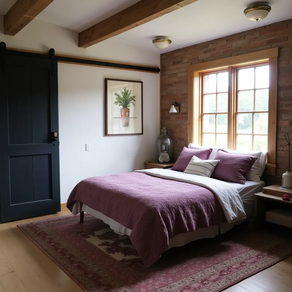 Cozy bedroom featuring a stylish combination of purple and black decor, with a plush purple bedspread and black sliding barn door, perfect for modern bedroom ideas.