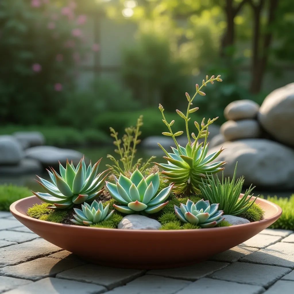 A beautifully arranged succulent garden in a shallow terracotta dish, showcasing creative succulent plant design ideas with a variety of green and blue-hued succulents, set against a tranquil outdoor backdrop with smooth stones and lush greenery.