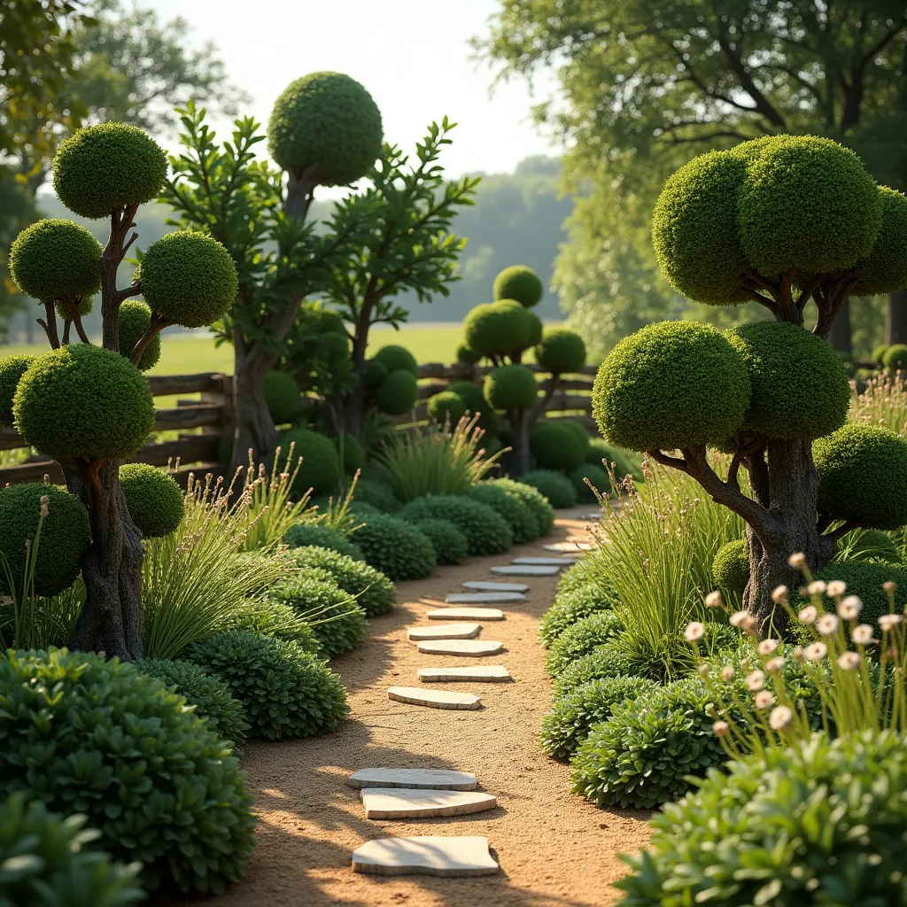 A beautifully landscaped garden path featuring sculptural trees and shrubs, showcasing creative garden ideas with meticulously shaped greenery and a serene, natural setting.