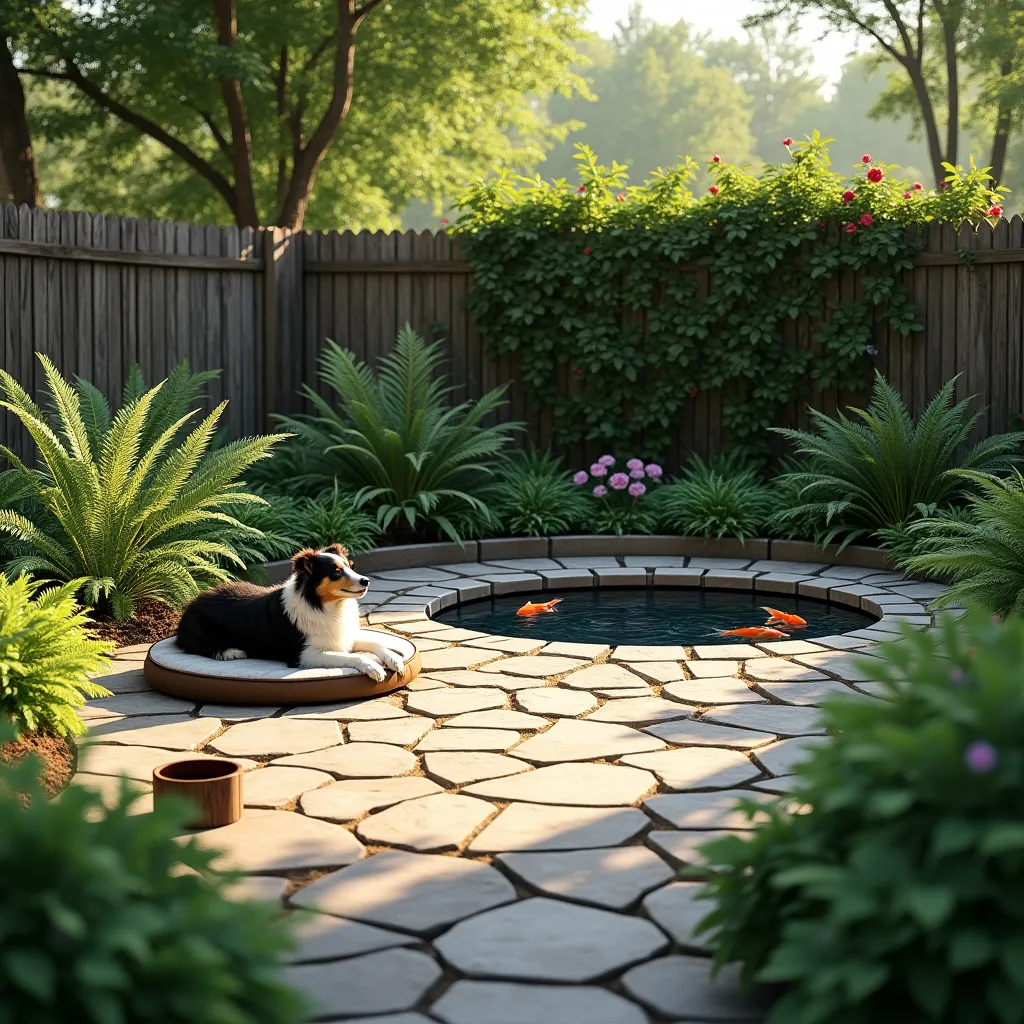 A serene garden featuring a cozy dog area with a comfortable bed, surrounded by lush greenery and a small pond with koi fish, perfect for inspiring dog area garden ideas.