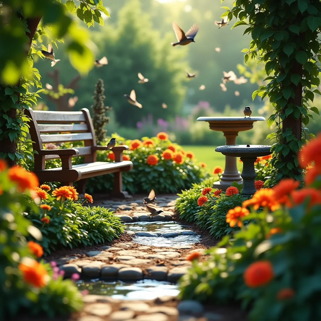 A serene bird watching garden featuring a wooden bench surrounded by vibrant orange flowers, stone pathways, and birdbaths, creating an inviting habitat for birds and a perfect spot for nature enthusiasts seeking bird watching garden ideas.