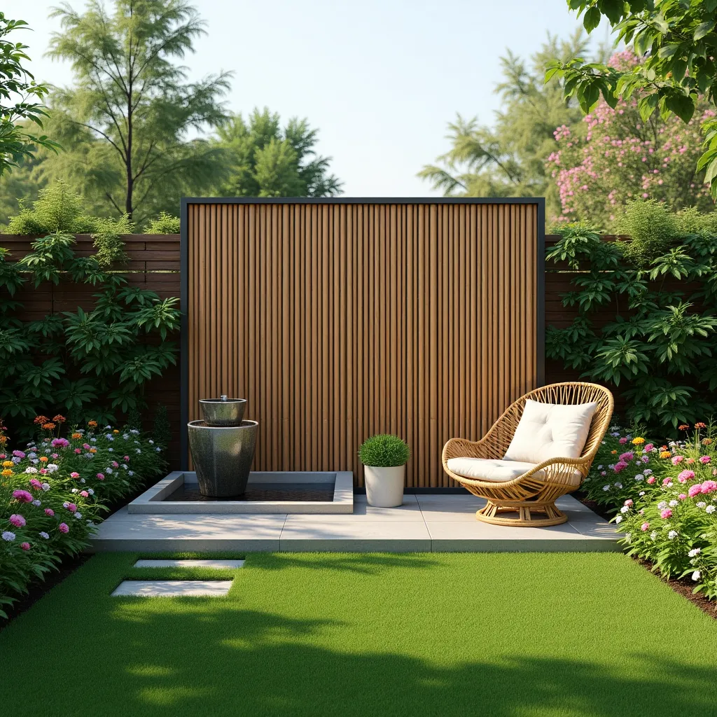 A serene garden featuring a stylish bamboo screen, complemented by lush greenery and colorful flowers, with a cozy wicker chair and a modern water feature, perfect for inspiring bamboo screen garden ideas.