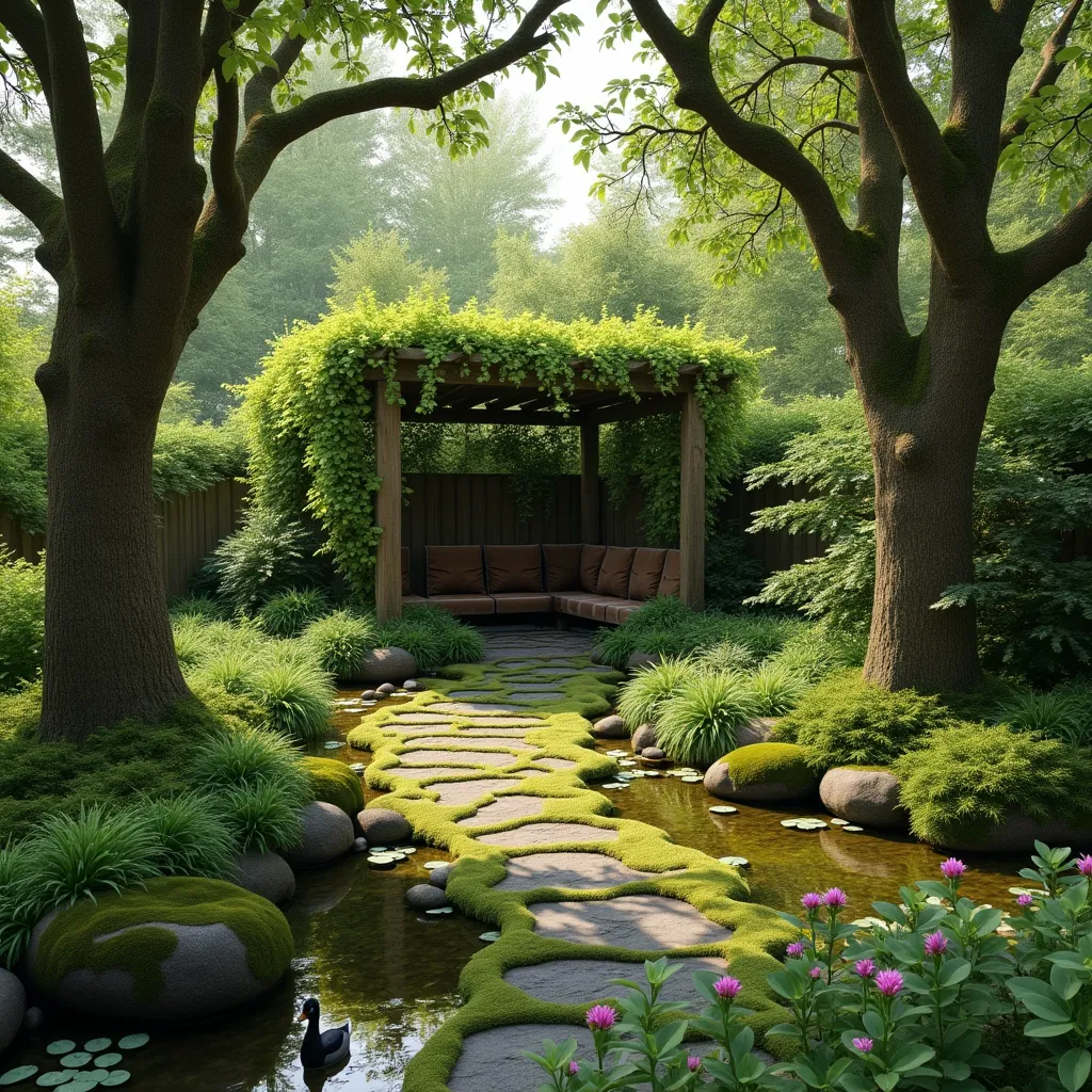 Woodland garden ideas featuring a serene landscape with a stone path covered in moss, leading to a cozy pergola surrounded by lush greenery and tall trees, creating a tranquil outdoor retreat.