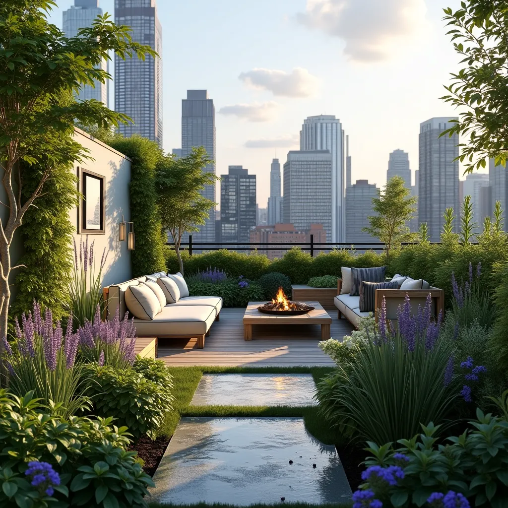 Urban rooftop garden ideas featuring a lush green space with modern outdoor seating, a cozy fire pit, and vibrant plants, set against a backdrop of a city skyline, perfect for creating a serene oasis in the heart of the city.