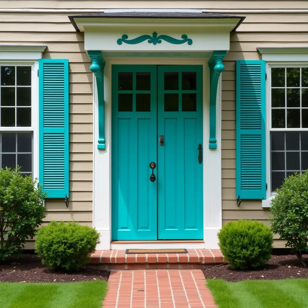 Vibrant turquoise accents on the front door and shutters of a charming house exterior, showcasing fun accent colors house exterior ideas with a welcoming brick pathway and lush greenery.