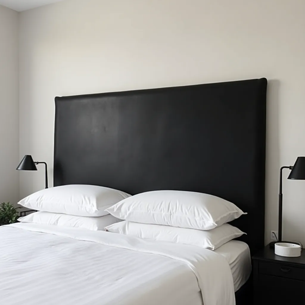 Modern bedroom with a sleek black headboard, white bedding, and minimalist black bedside lamps, showcasing stylish black headboard bedroom ideas.