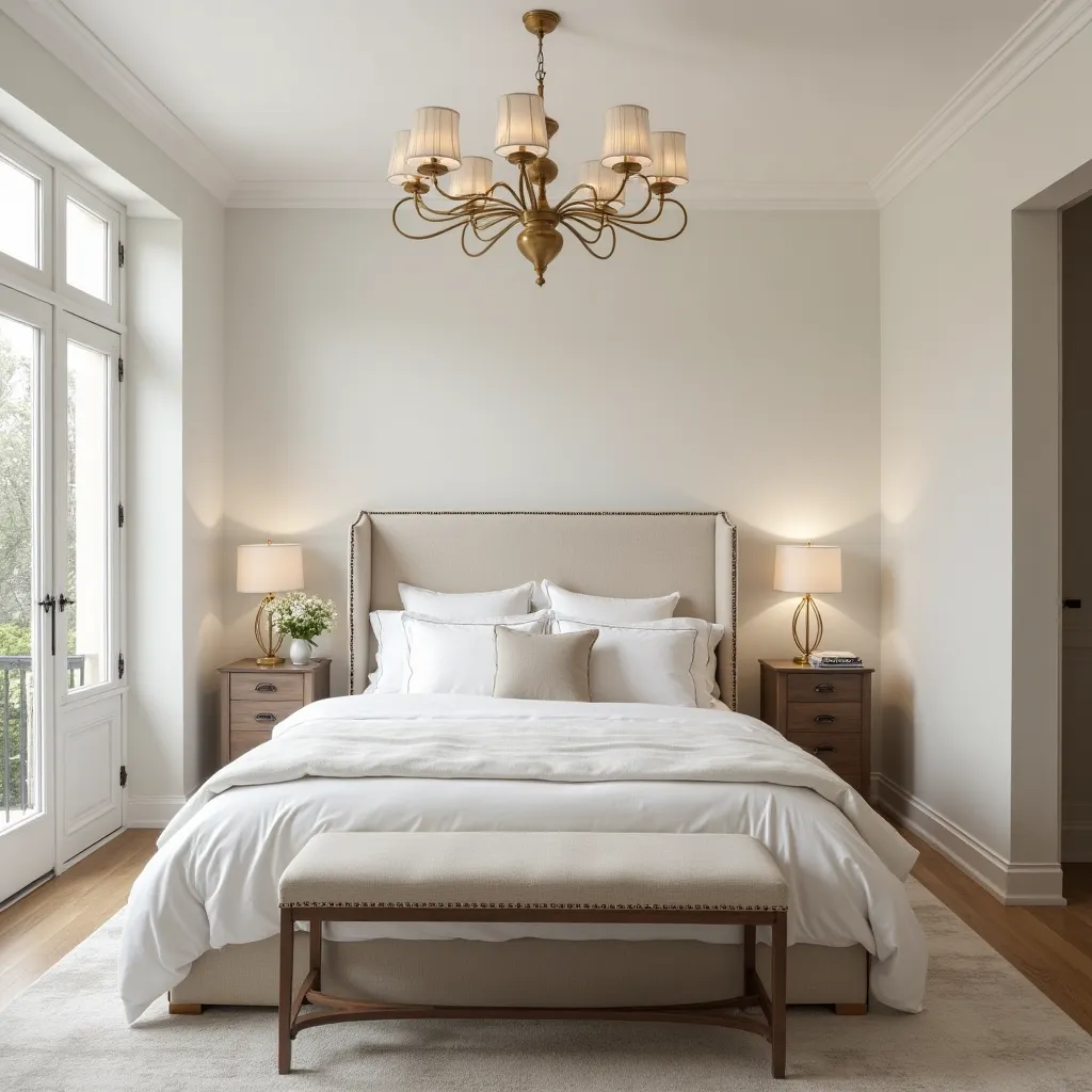 Elegant beige and white bedroom ideas featuring a cozy bed with plush white bedding, beige upholstered headboard, and matching bench. The room is illuminated by a sophisticated chandelier and bedside lamps, creating a serene and inviting atmosphere.