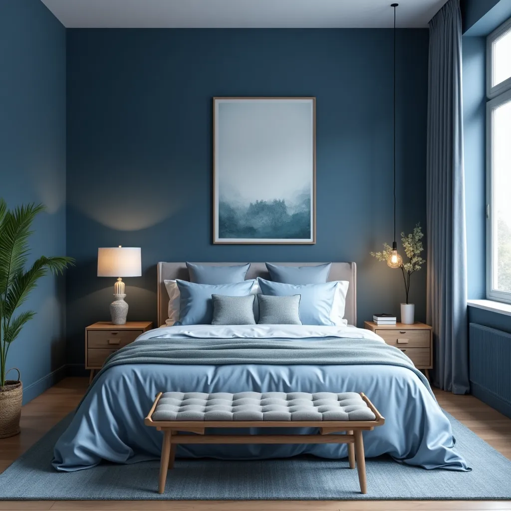 Modern blue teenage bedroom featuring a cozy bed with light blue bedding, wooden nightstands, and a stylish bench at the foot of the bed. The room is accented with a large window, a potted plant, and a serene landscape painting, creating a tranquil and inviting atmosphere.