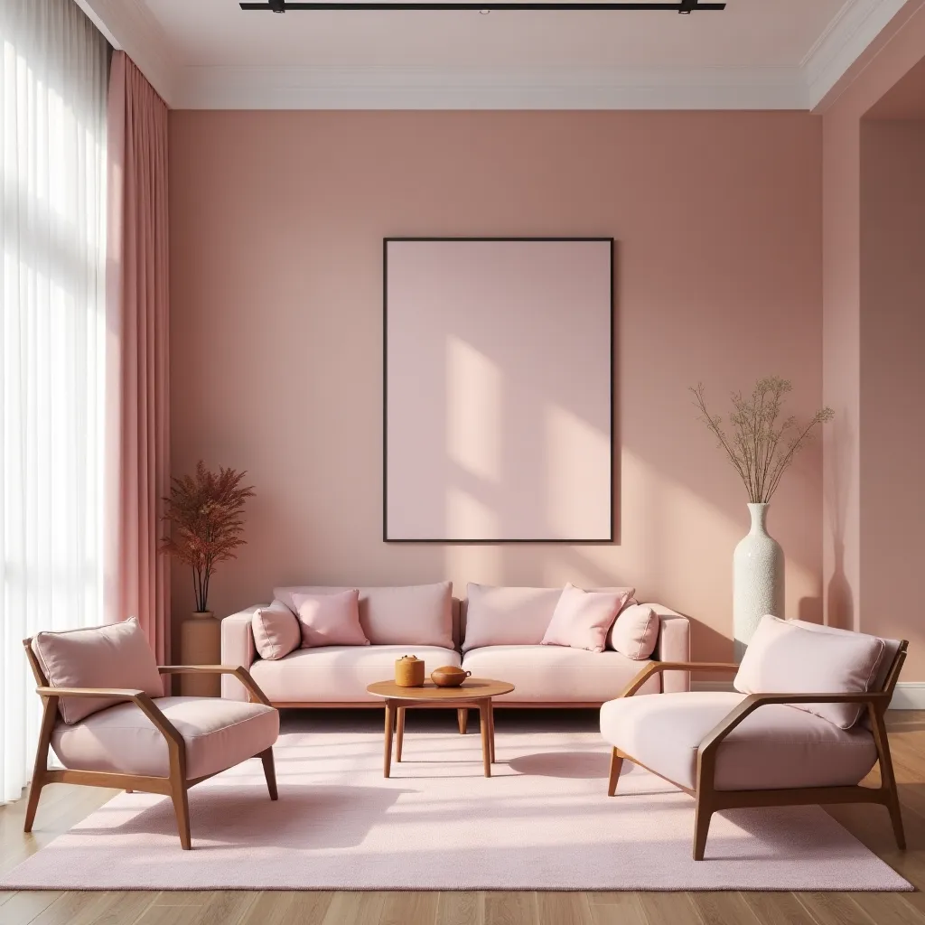 A stylish powder pink living room featuring a modern sofa set with matching armchairs, a minimalist coffee table, and elegant decor elements like a large vase and wall art, creating a serene and inviting atmosphere.