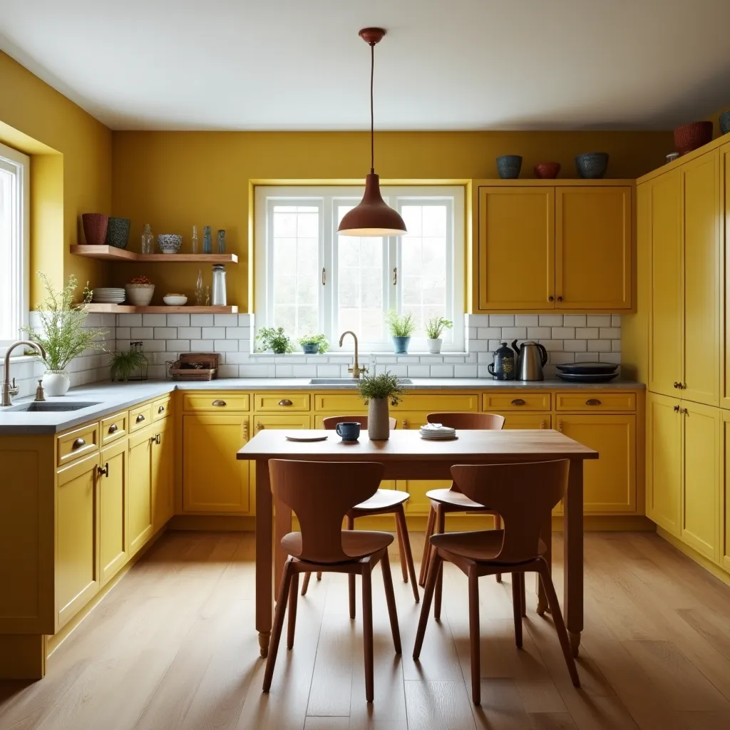 A modern mustard kitchen featuring vibrant yellow cabinets, a wooden dining table with matching chairs, white subway tile backsplash, and natural light streaming through large windows, creating a warm and inviting atmosphere.