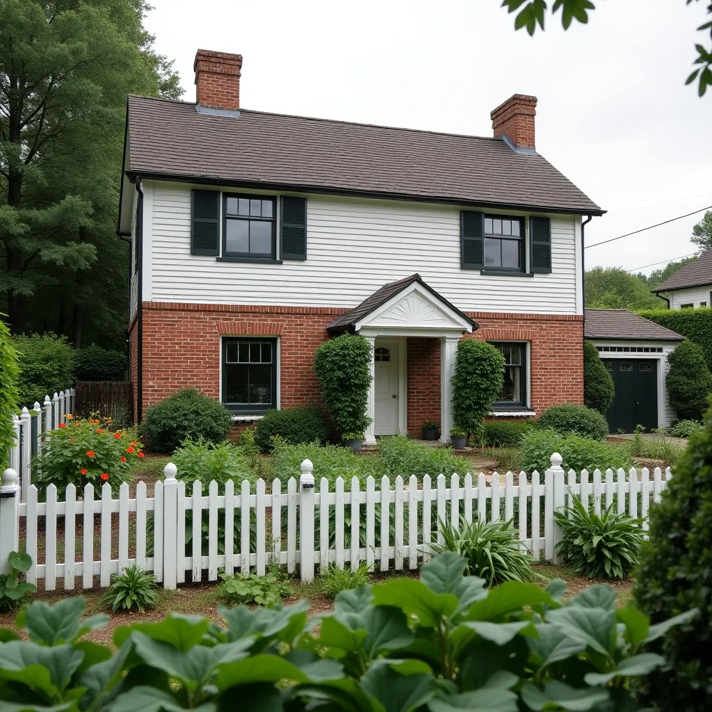 Charming rustic farmhouse exterior featuring a classic brick and white siding design, complemented by a quaint white picket fence and lush greenery, perfect for inspiring rustic farmhouse exterior ideas.