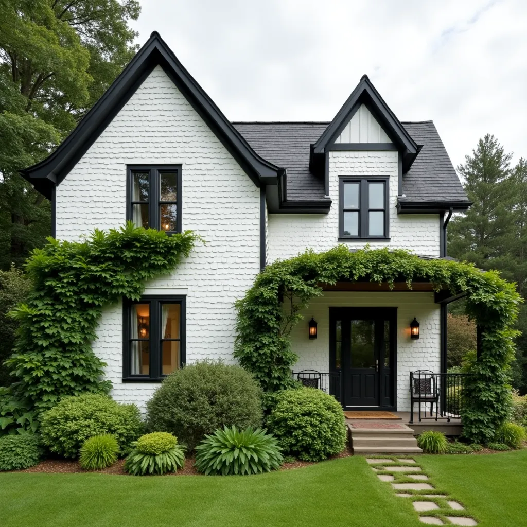 Charming two-story white house with black trim ideas featuring lush greenery and a welcoming front porch, showcasing a modern yet classic exterior design.