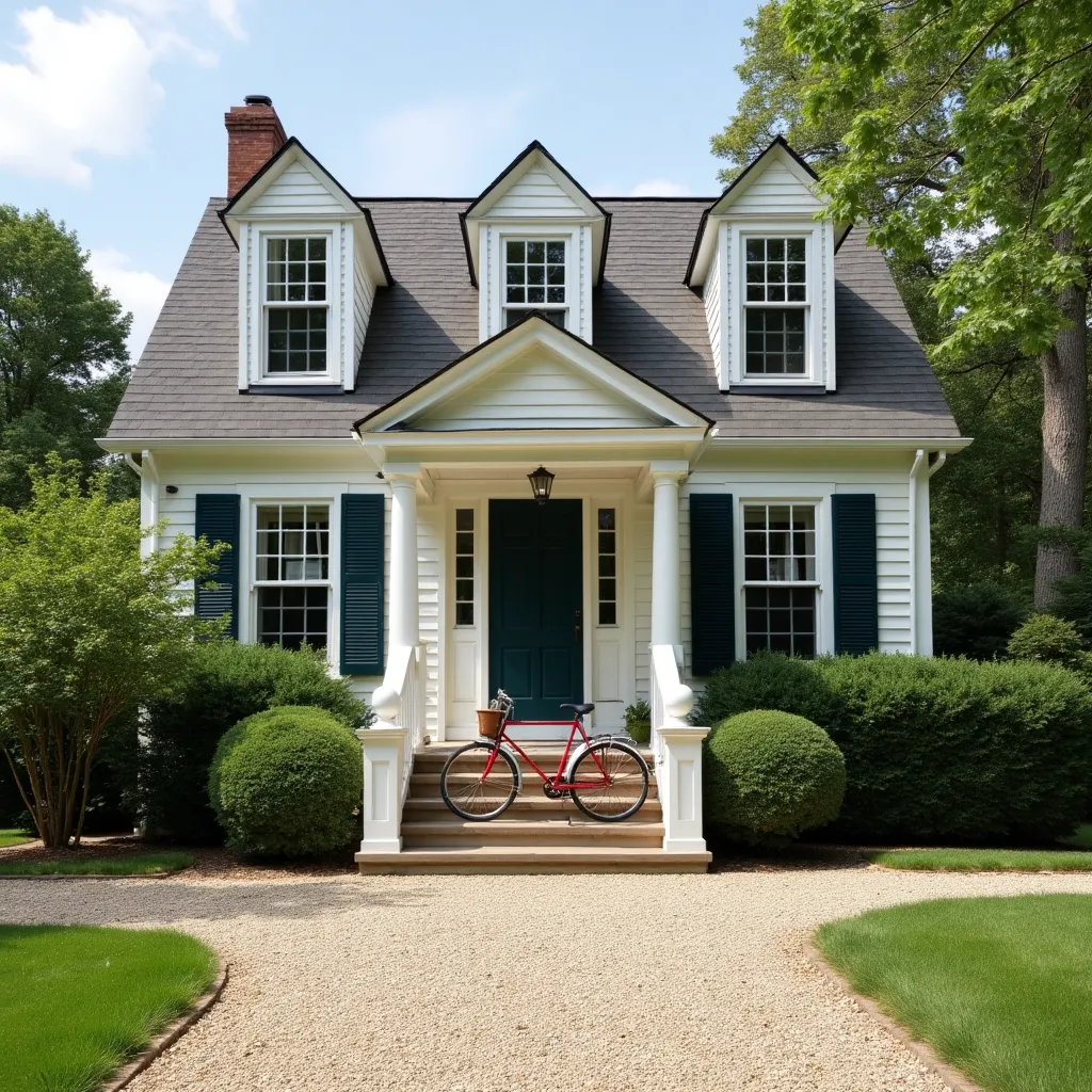 Charming Cape Cod home exterior featuring classic white siding, dark shutters, and a welcoming front porch, perfect for inspiring Cape Cod exterior ideas. A red bicycle adds a touch of color to the neatly landscaped front yard, enhancing the home's timeless appeal.