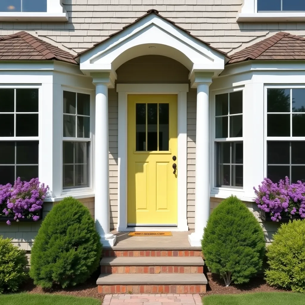 Charming house exterior featuring a bright yellow front door, surrounded by lush greenery and vibrant purple flowers, showcasing fun accent colors house exterior ideas.