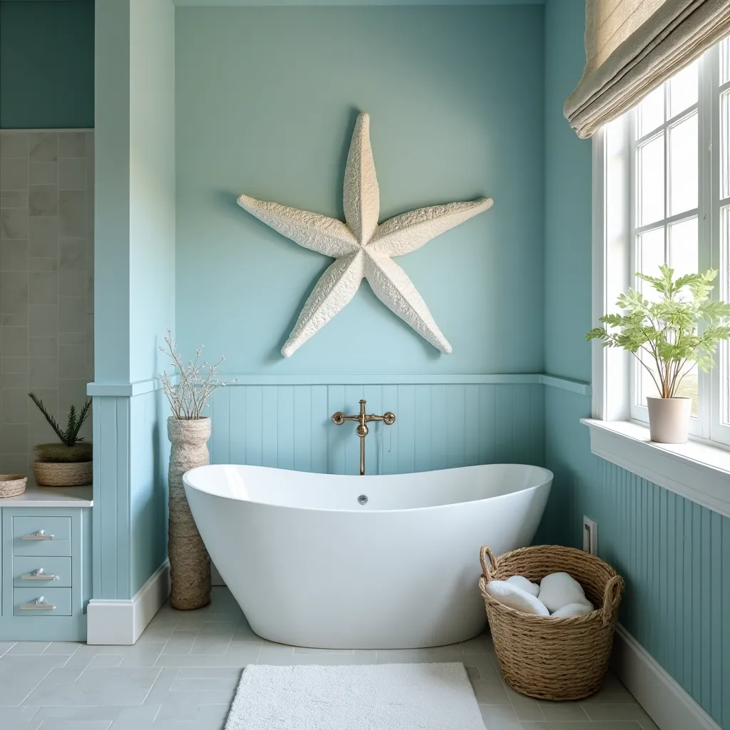 Elegant blue bathroom decor ideas featuring a serene freestanding bathtub against a soft blue wall, adorned with a large starfish decoration. The space is complemented by natural light from a nearby window, a woven basket with towels, and subtle greenery, creating a tranquil and stylish atmosphere.