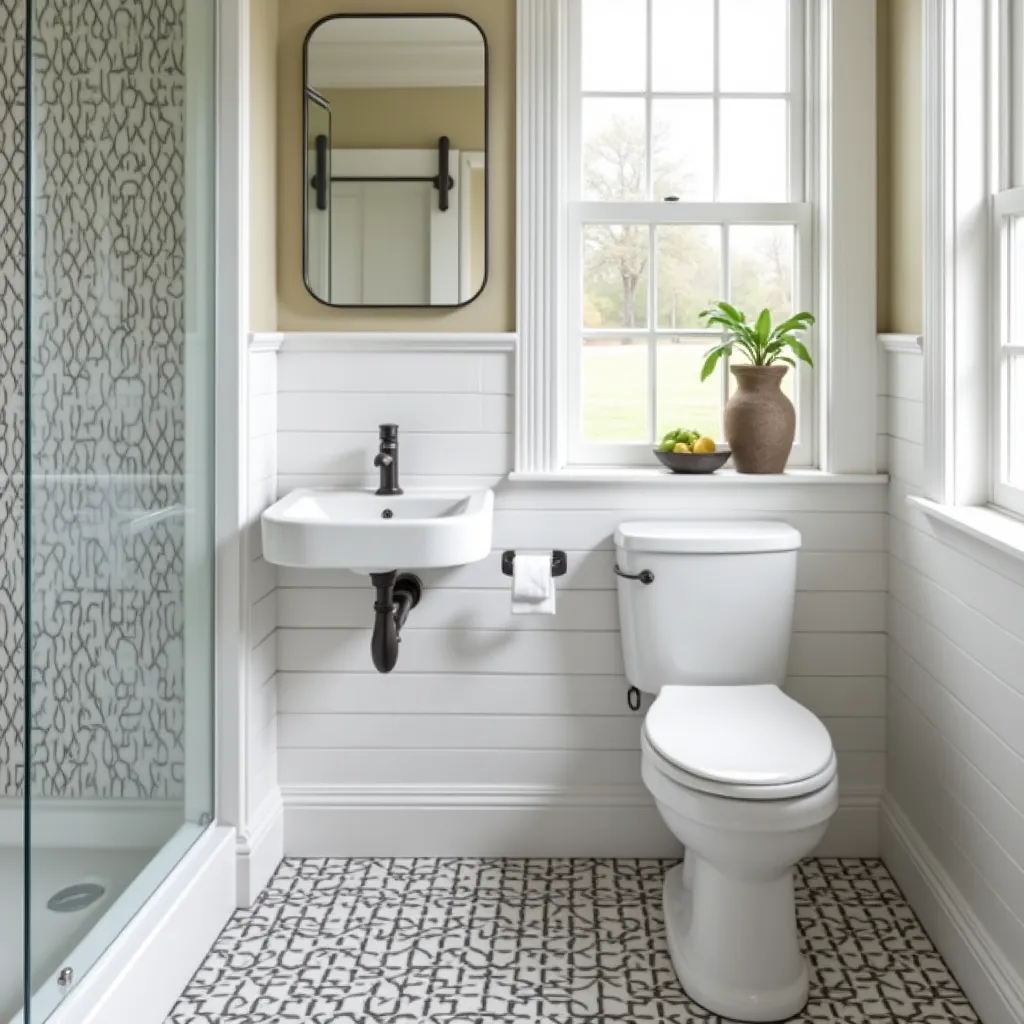 Modern farmhouse toilet ideas featuring a sleek white toilet and compact sink against shiplap walls, complemented by a patterned tile floor and a large window for natural light.