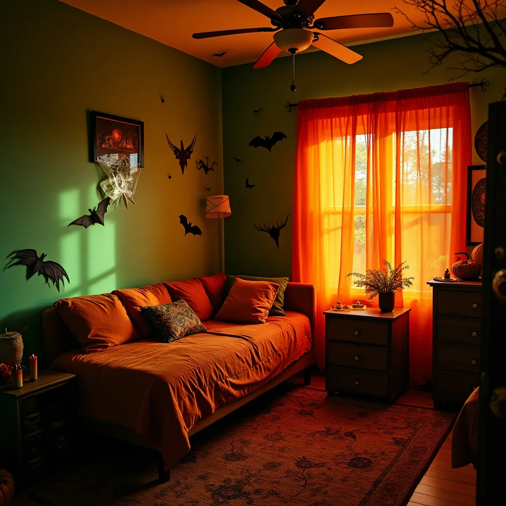 Cozy room featuring vibrant orange and green decor ideas, with an orange bedspread and curtains complementing green walls, creating a warm and inviting atmosphere.