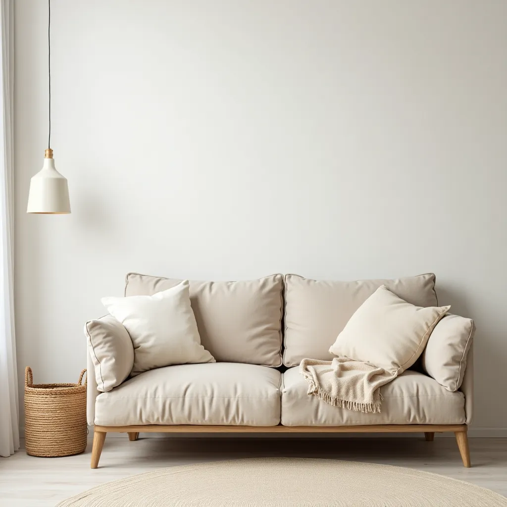 Beige minimalist sofa in a modern living room setting, featuring soft cushions and a cozy throw, complemented by a woven basket and pendant light for a serene and stylish ambiance.