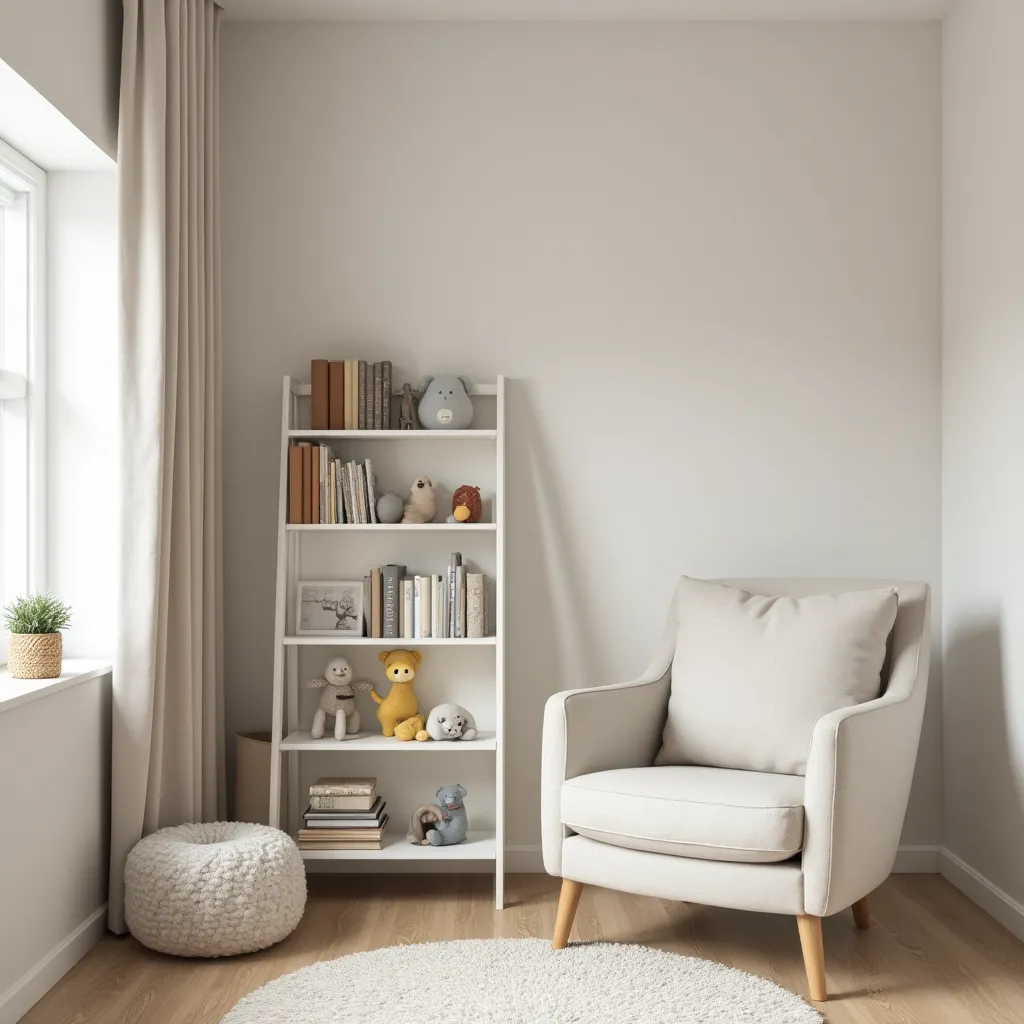 Cozy neutral nursery featuring a soft beige armchair, a white bookshelf with plush toys and books, and a fluffy round rug, creating a serene and inviting space for a baby.