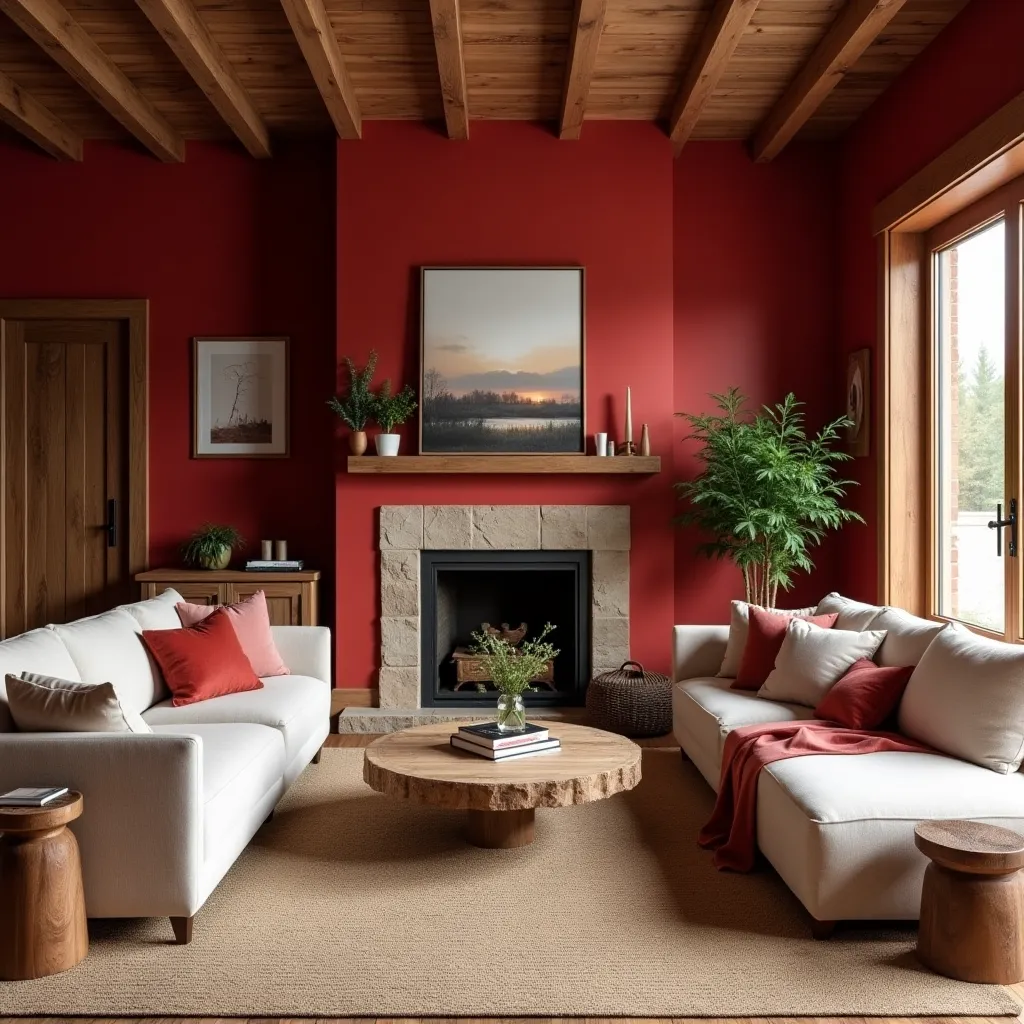 Cozy family room featuring bold red walls, a stone fireplace, and comfortable white sofas with red accent pillows, offering inspiring red family rooms ideas for a warm and inviting home design.