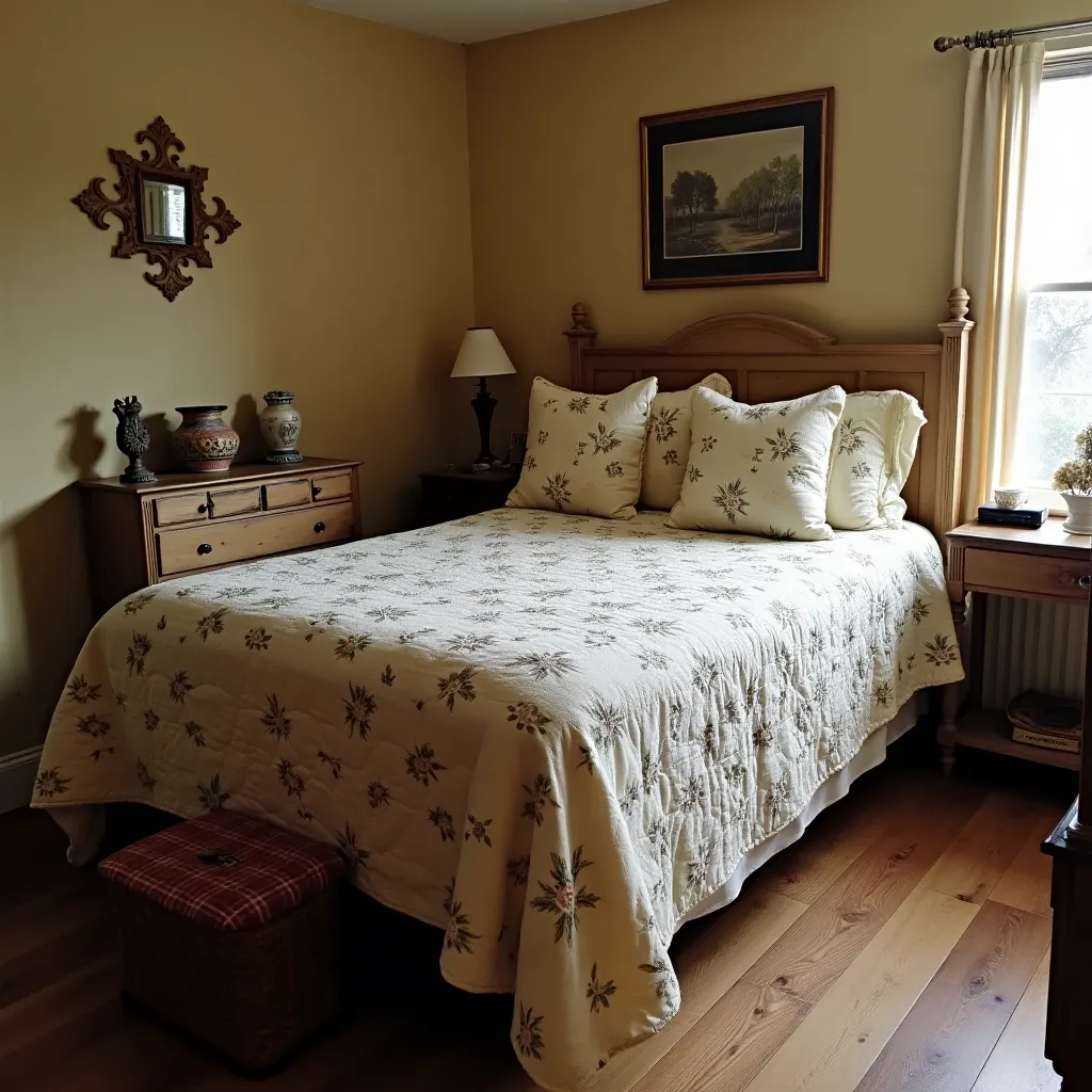 Cozy country room ideas featuring a charming bedroom with a wooden bed frame, floral quilt, and rustic decor elements like a vintage dresser and wall art, creating a warm and inviting atmosphere.