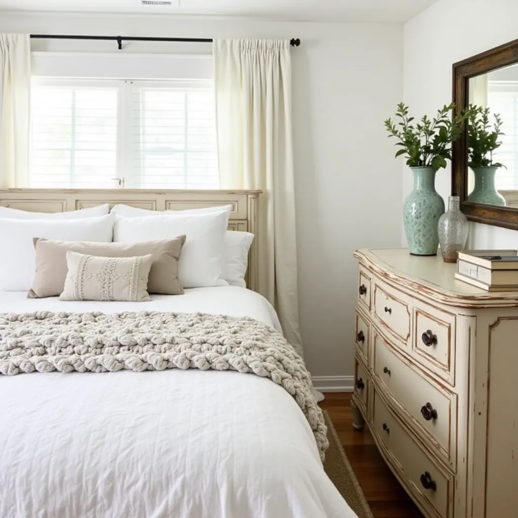 Cozy rustic farmhouse bedroom featuring a distressed wood dresser and a plush bed with layered white linens, perfect for inspiring rustic farmhouse bedroom sets ideas.