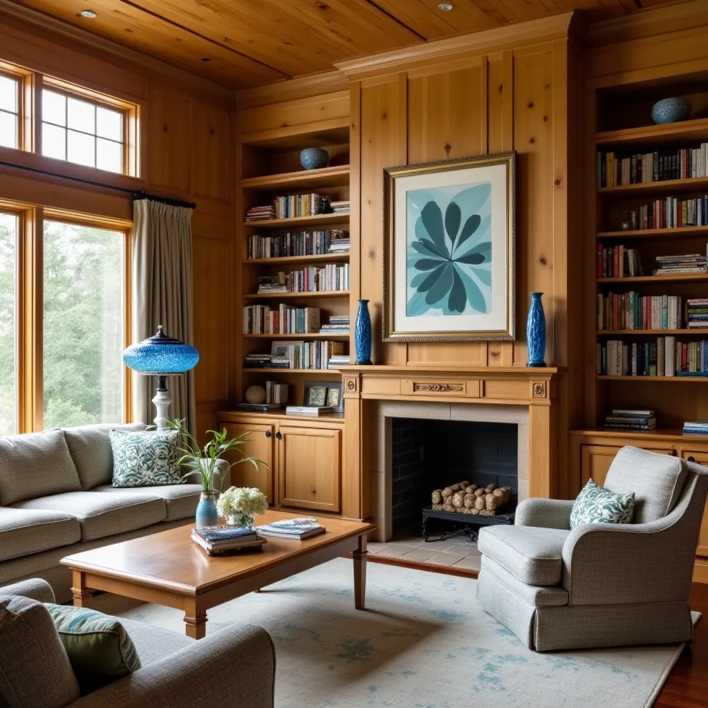 Cozy beige and blue living room ideas featuring a harmonious blend of neutral tones and vibrant accents, with plush sofas, a wooden coffee table, and elegant blue decor elements enhancing the warm wooden interior.