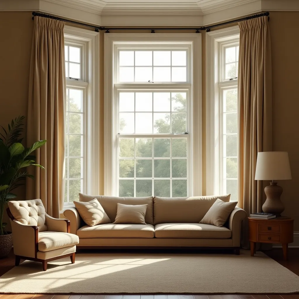 Elegant brown living room decor ideas featuring a cozy beige sofa with matching armchair, complemented by large windows with flowing curtains, a stylish lamp on a wooden side table, and a lush green plant, creating a warm and inviting atmosphere.