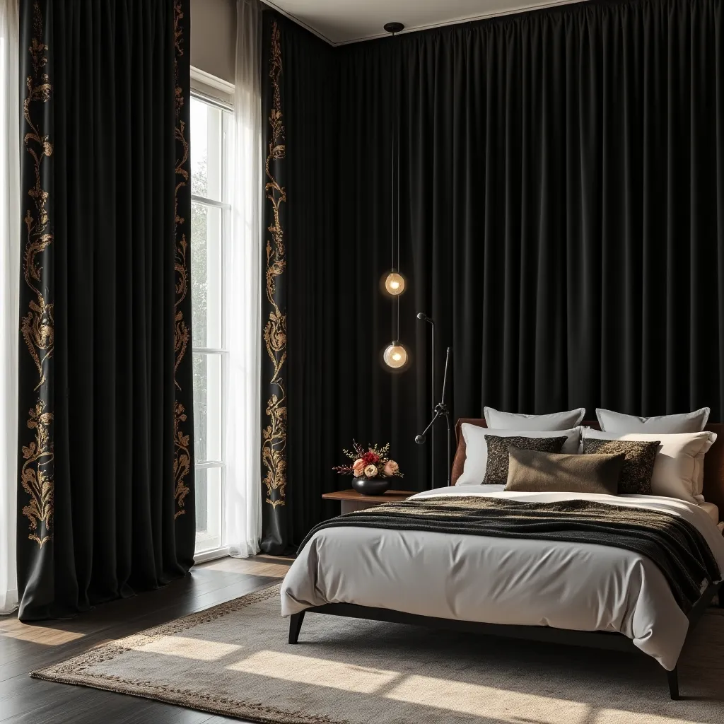 Elegant black bedroom design featuring luxurious drapery and sophisticated lighting, perfect for those seeking classy luxury black bedroom ideas.