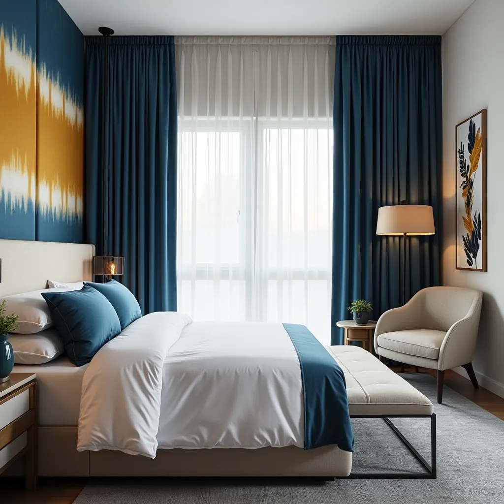 Modern blue and gold bedroom featuring elegant blue curtains, a stylish gold-accented wall art, and a cozy seating area with a beige armchair, creating a sophisticated and serene atmosphere.