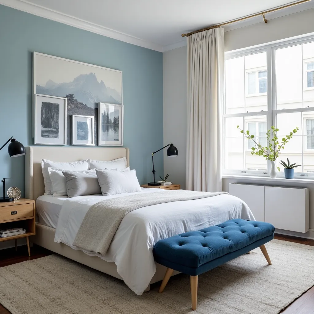 A serene blue and white bedroom featuring a cozy bed with white linens, a stylish blue accent wall, and a plush blue bench at the foot of the bed. The room is complemented by natural light from a large window, elegant artwork, and modern bedside lamps, offering inspiring blue and white bedroom ideas for a tranquil retreat.