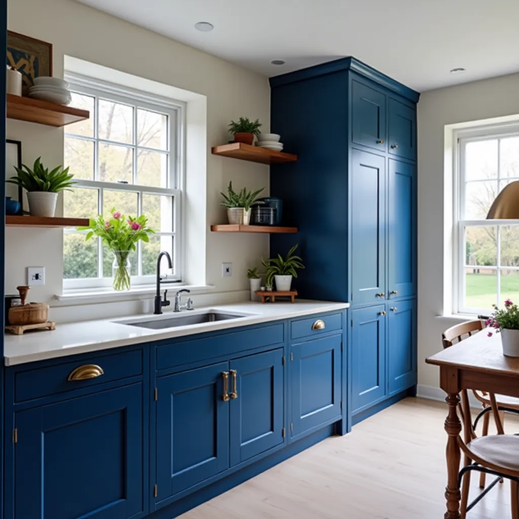 Modern kitchen featuring elegant royal blue cabinets, complemented by white countertops and natural wood shelves, showcasing stylish royal blue cabinet ideas for a sophisticated home design.