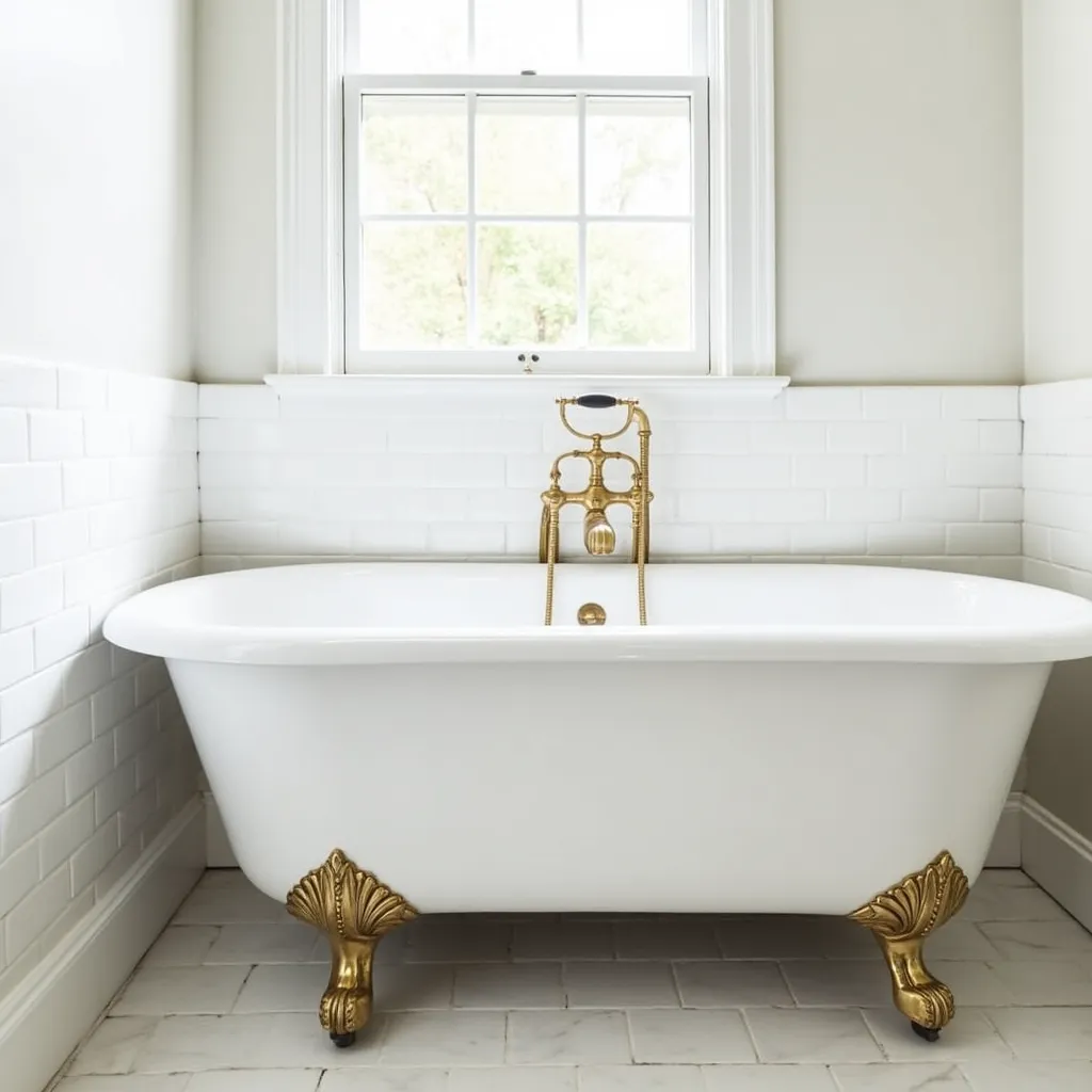 Elegant clawfoot bathtub with gold fixtures in a bright, classic bathroom design, featuring white subway tiles and a large window, perfect for those seeking classic bathroom design ideas.