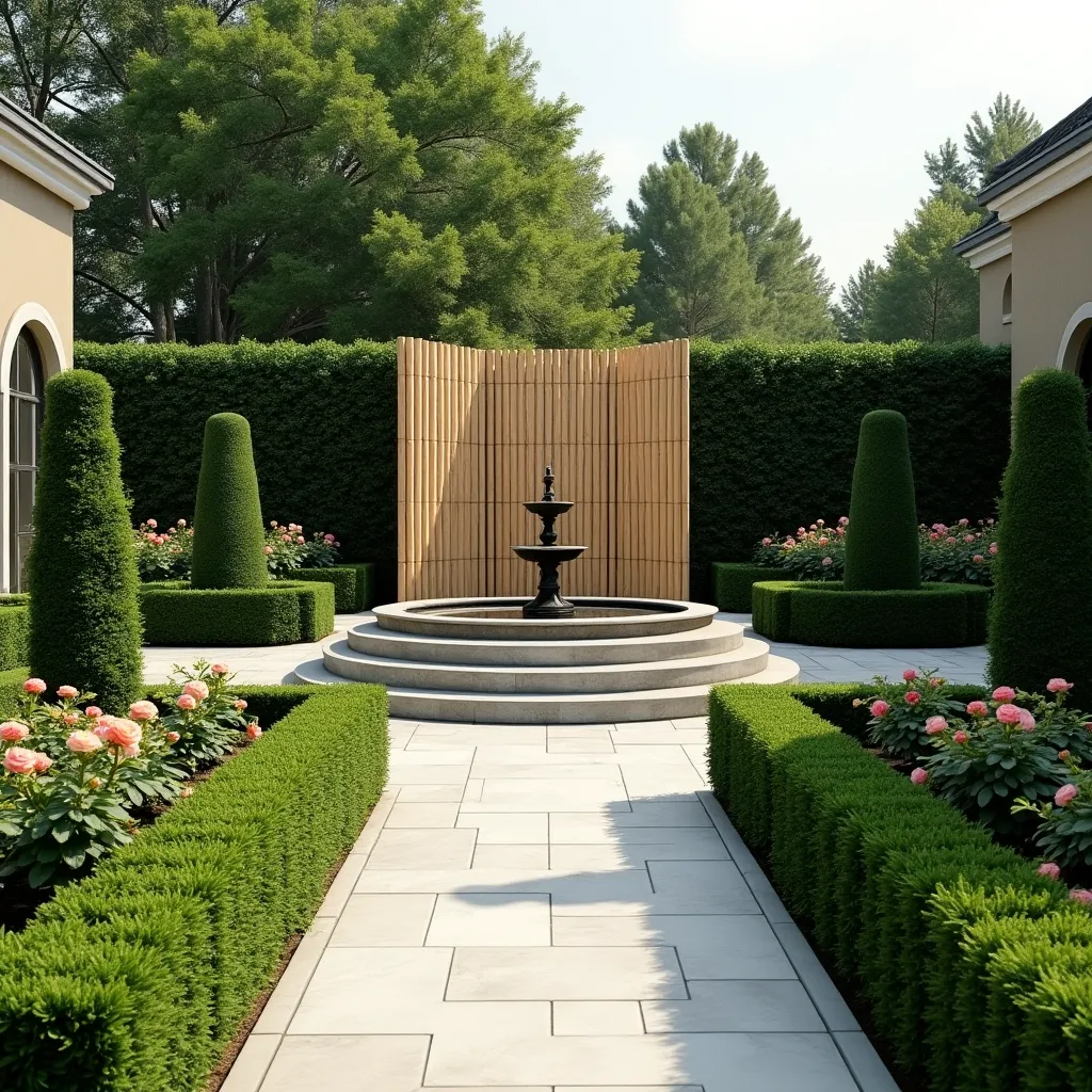 Elegant garden design featuring a central black fountain surrounded by manicured hedges and vibrant pink flowers, with a stylish bamboo screen providing a serene backdrop, perfect for inspiring bamboo screen garden ideas.